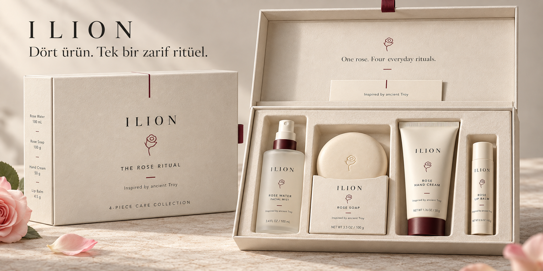 ILION The Rose Ritual kapalı kutusu ve dört ürünün bulunduğu açık hediye seti